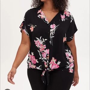 Torrid Black Blouse with Pink Floral Design